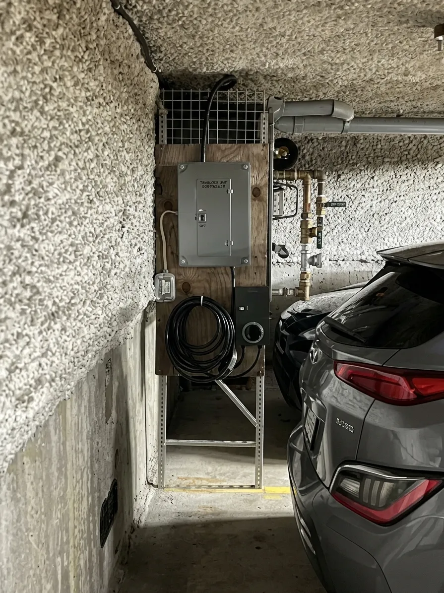 Borne de recharge installée dans un garage résidentiel