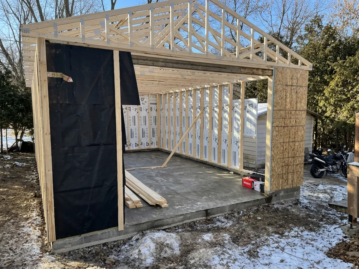 Charpente de garage en construction avec fermes de toit