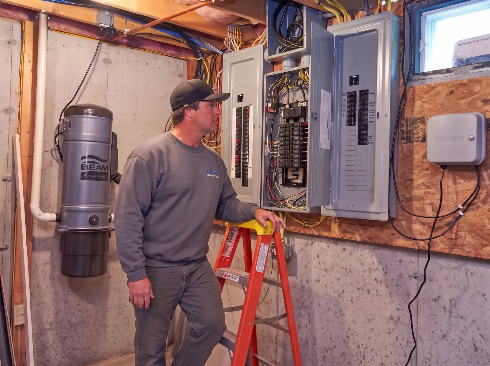 Électricien sur escabeau vérifiant un panneau électrique au sous-sol
