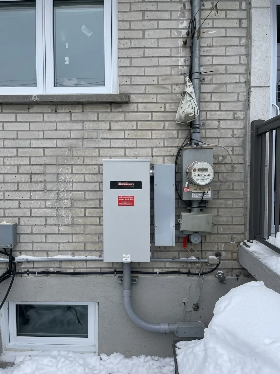 Équipement électrique extérieur installé sur un mur de brique en hiver