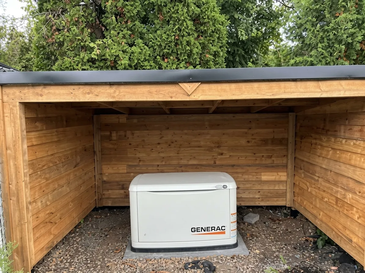Génératrice Generac installée sous un abri de bois