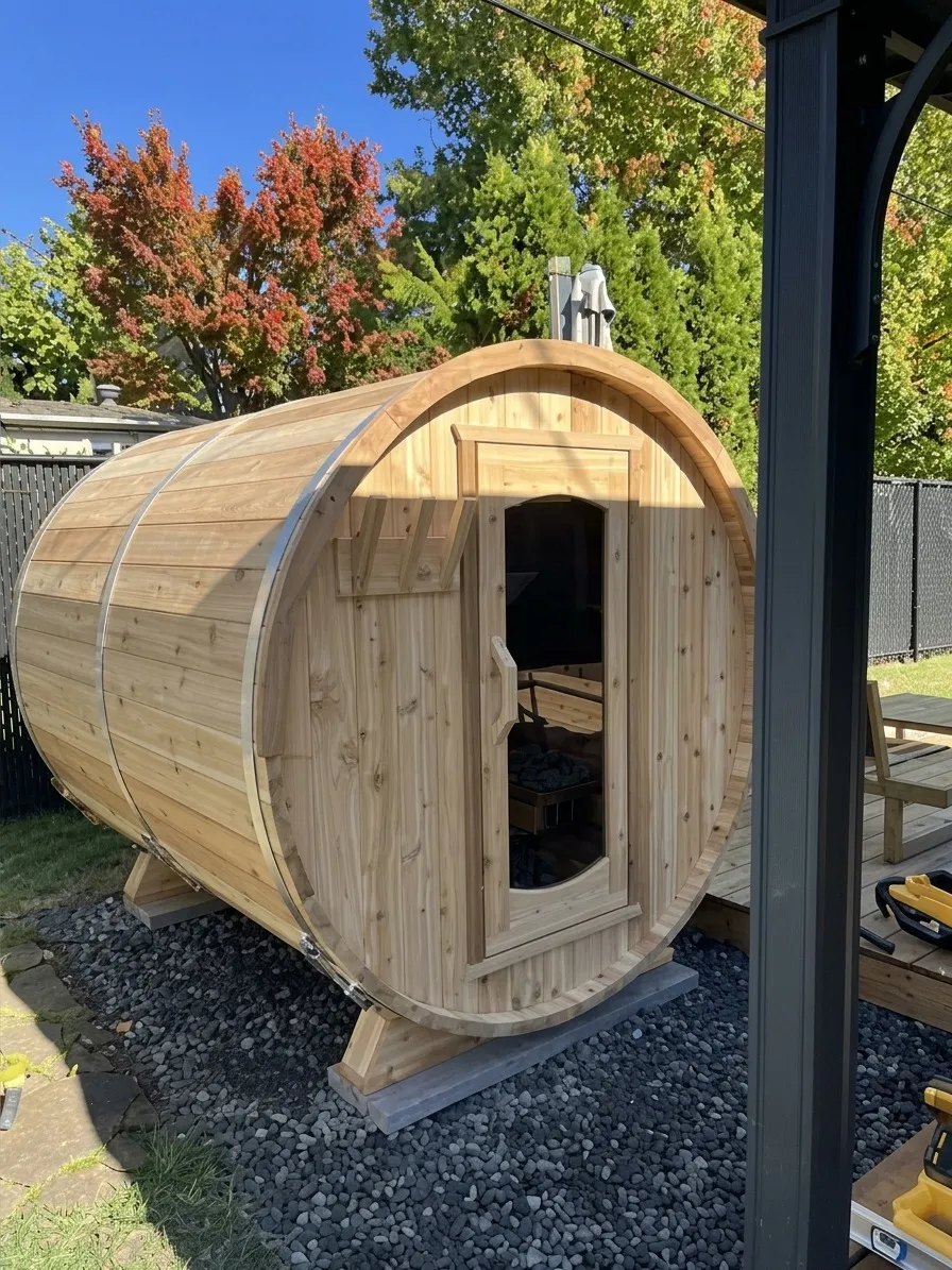 Sauna extérieur en cèdre installé dans une cour arrière