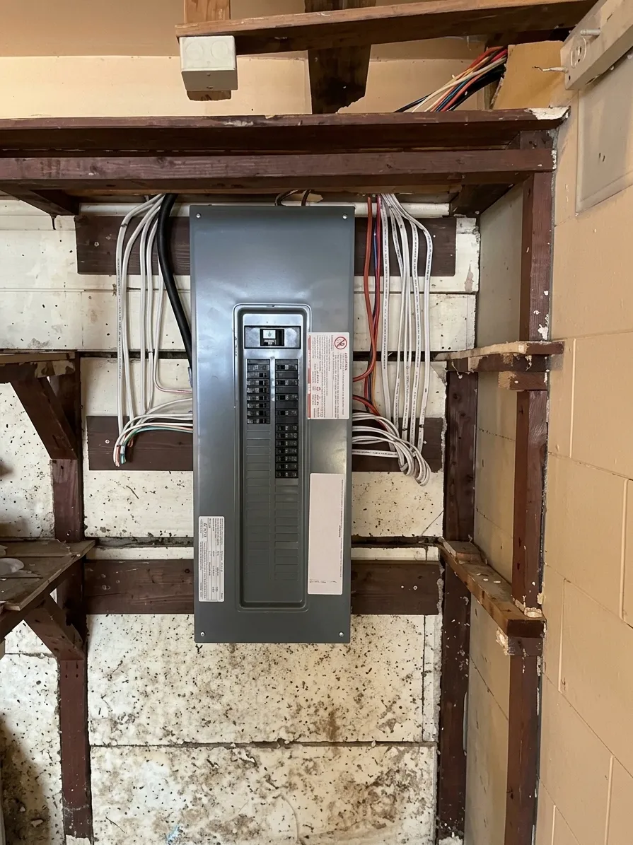 Panneau de disjoncteurs installé dans un mur en rénovation